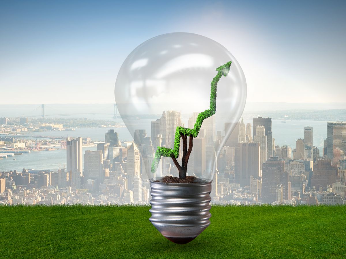 Lightbulb with plant in the shape of a line chart inside of the bulb on green field with city landscape in the background